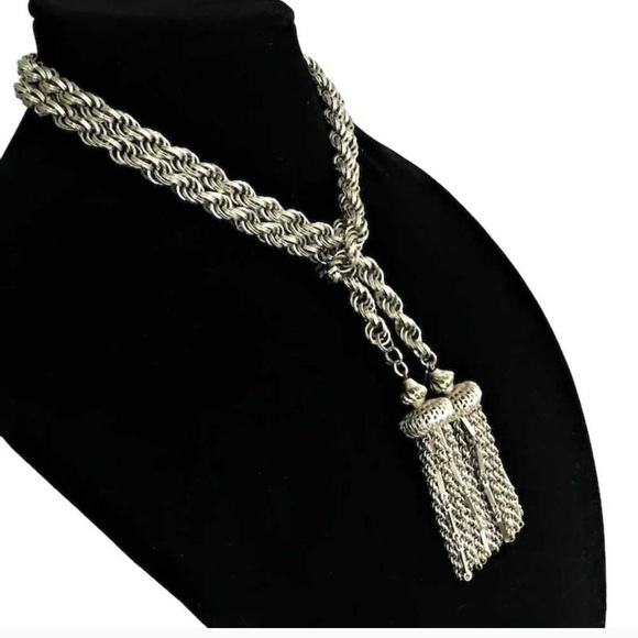 Vintage 1960s Monet Damita Necklace Lariat Rope Chain Tassel Silver Plated - Picture 3 of 11